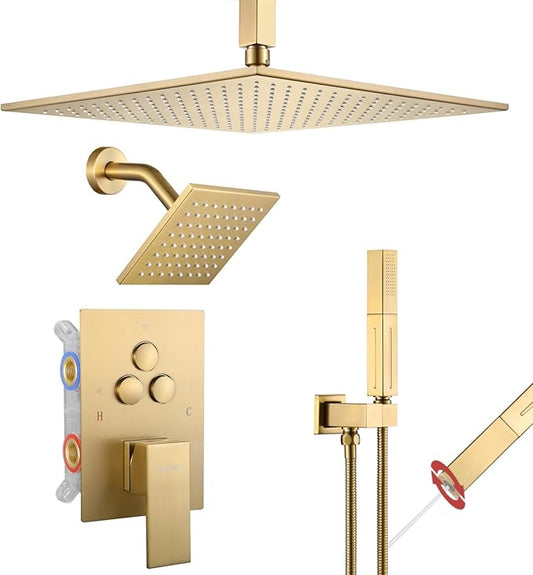 VANFOXLE Shower Faucet Set Brushed Gold Shower System,Push Button Diverter Shower Faucet with 2 in 1 Handheld,Ceiling Mount Increased Thickness 12 Inch Shower Head with 6 Inch Wall Mount Shower Head