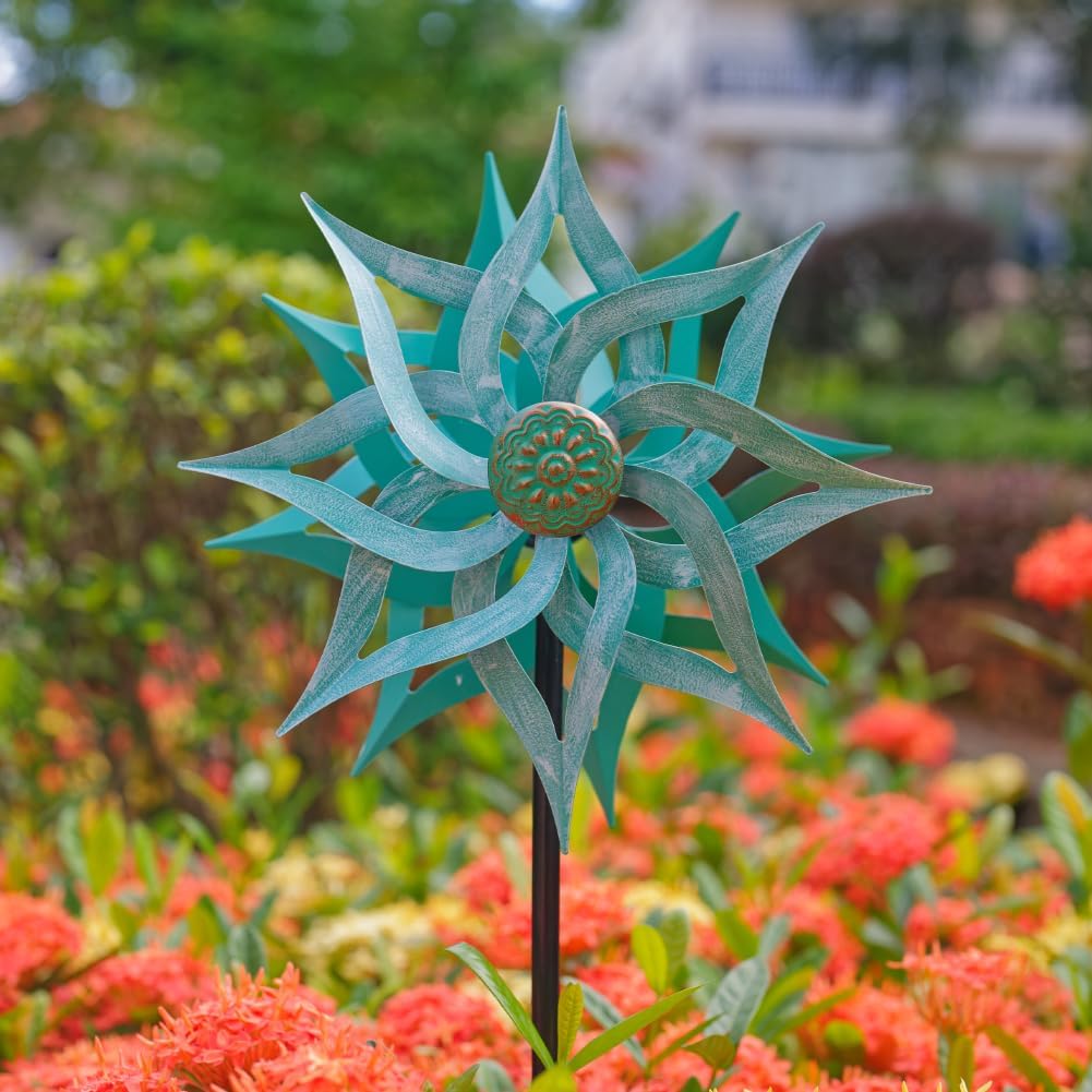 Viveta Metal Wind Spinners,53.5" Kinetic Wind Sculptures,Green Garden Pinwheels Double Layer Windmill for Outdoor Patio Lawn Yard