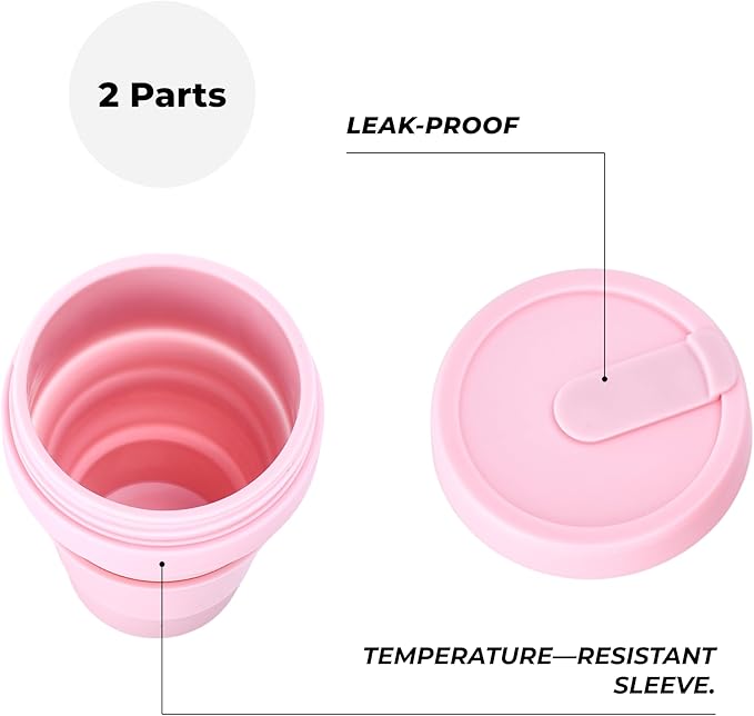 HYDRATE Collapsible Cups for Traveling - 400ml Reusable Cup with Lid for Camping, and On-the-Go Adventures - Foldable Cup - Portable Silicone Coffee Mug for Hot Drinks, Tea - Easy to Clean - Pink