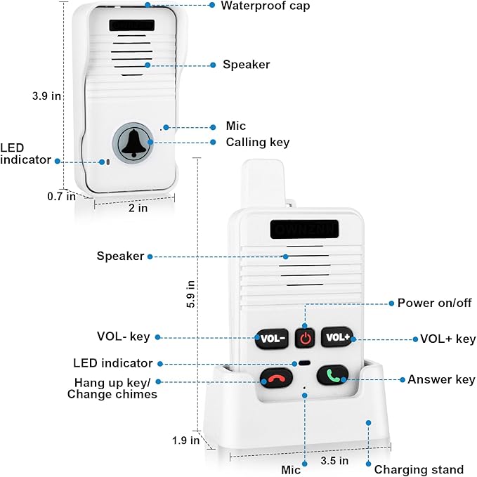 Wireless Doorbell System & Full Duplex Intercom Doorbell Wireless Hands-Free Waterproof Wireless Doorbells for Home Classroom, 1000ft Range, 8 Volume Levels, 4 Chimes, Easy Install(2 Packs, White)