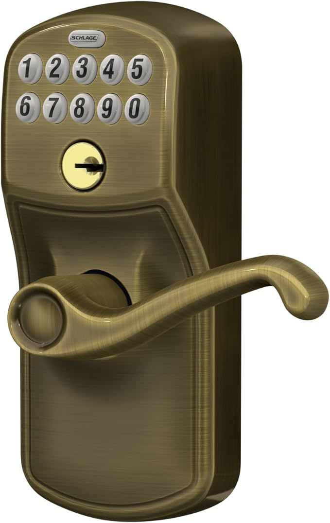 SCHLAGE FE595 PLY 609 FLA Plymouth Keypad Entry with Flex-Lock and Flair Style Levers, Antique Brass