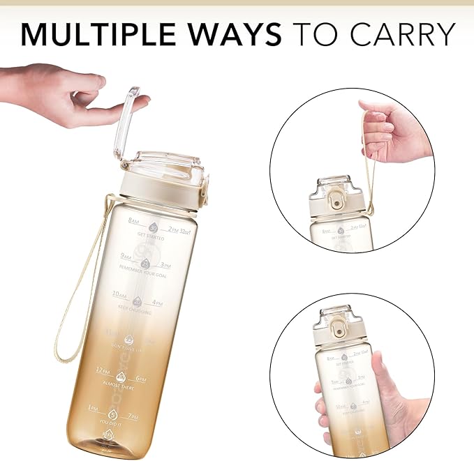 GOSWAG Water Bottles, 32 oz Motivational Sports Water Bottle with Straw and Time Marker to Remind You to Drink, Comes with Carry Strap, Leakproof