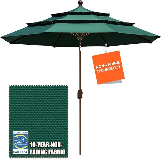 EliteShade USA 10-Year-Non-Fading 9Ft 3 Tiers Market Umbrella Patio Umbrella Outdoor Table Umbrella with Ventilation, Forest Green