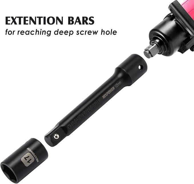 MIXPOWER 17 Pieces 1/2-Inch Drive Shallow Impact Socket Set, Includes 10mm to 32mm, 5", 10" Extension bars, CR-V, 6 Point Metric Socket Set