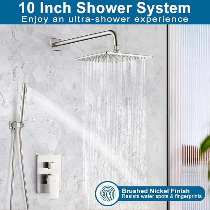 POP SANITARYWARE Shower Faucet Set Brushed Nickel Rainfall 10 Inch Shower Head and Handle Set Bathroom Rain Shower System Wall Mounted Shower Fixture Include Shower Valve and Trim Kit