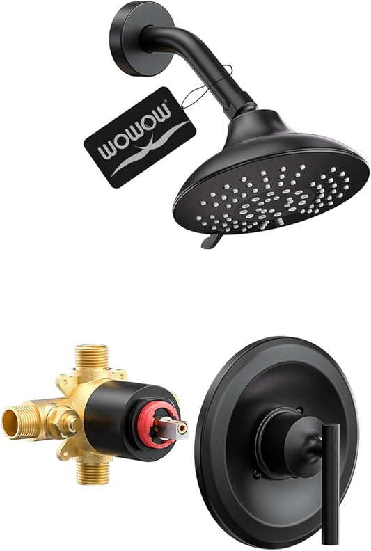 Black Bathroom Shower Faucet Set: WOWOW Shower Combo Set with 6-Inch Rain Shower Head, Single Handle Shower Trim Kit Modern Shower System High Pressure (Valve Include）