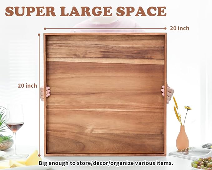 Large Ottoman Tray for Living Room, 20" Extra Large Tray for Ottoman Square Acacia Serving Trays with Handles for Coffee Table, Breakfast, Appetizers, Dinner