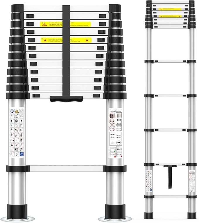 12.5FT Heavy-Duty Telescoping Ladder, 330lb Capacity Aluminum Extension Ladder with Anti-Slip Steps for Secure Attic Access, Roof, and Home Renovation Projects