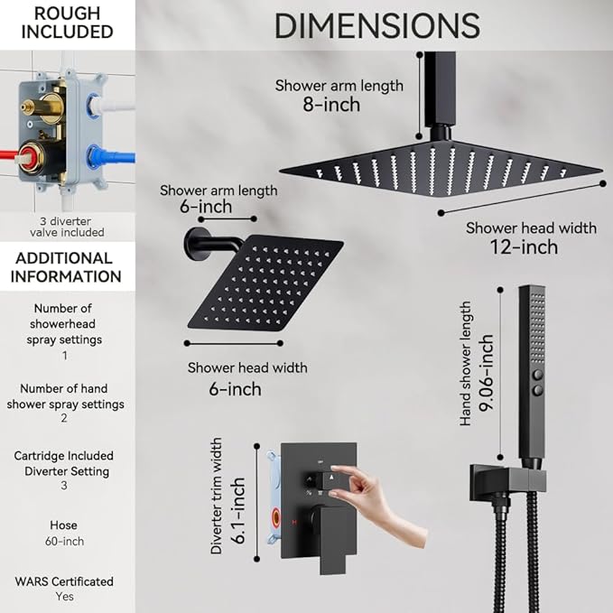 Shower Faucet Sets Shower System Matte Black, STARBATH 12+6" Double Rainfall Shower Head with 2 in 1 Handheld High Pressure Spray, 3 Way Shower Valve with 5 Diverter and Trim Kit Complete
