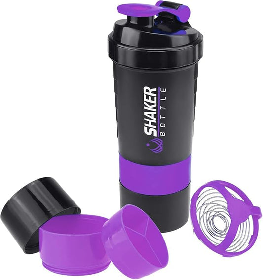 Protein Shaker Bottle,16 oz Shake Cup for protein powder with Storage,Sports Water Bottle,Non Slip 3 Layer Twist Off 3oz Cups with Pill Tray Leak Proof Shake Bottles for Protein Mixes