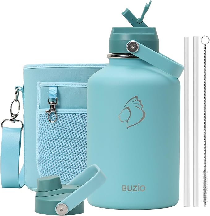 64 oz Insulated Water Bottle BUZIO Half Gallon Stainless Steel Water Jug with Carrying Pouch and Straw Lid, Keep Cold 48h Lead-Free Double Wall Vacuum Sports Flask Metal Canteen for Gym Camping, Green