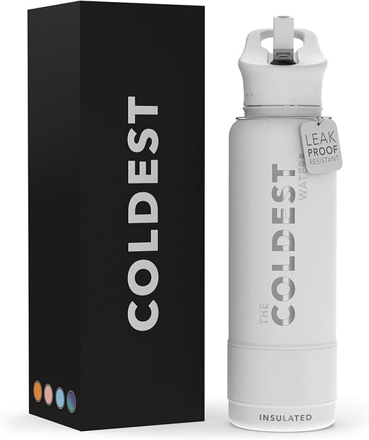 Coldest Sports Water Bottle with Straw Lid Vacuum Insulated Stainless Steel Metal Thermos Bottles Reusable Leak Proof Flask for Sports Gym (Epic White, 40 oz)