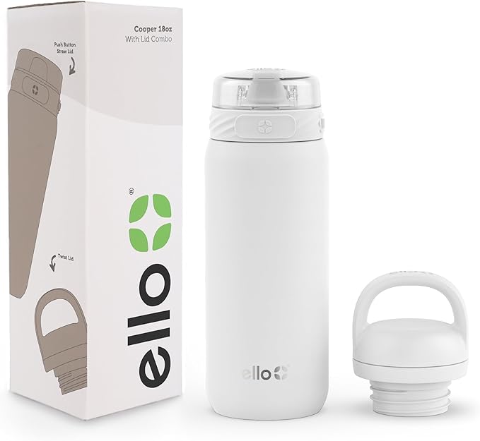 Ello Cooper 18oz Kids Stainless Steel Water Bottle with 2 Lids Chug and Straw | Leak Proof Double Walled and Vacuum Insulated | Fits Car Cupholder | Built in Carry Loop | Dishwasher Safe | White