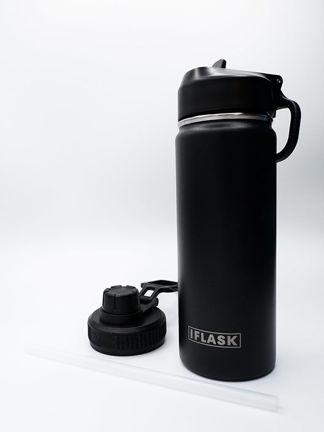 Sport Travel Outdoor Water Bottle with Spout and Straw Lids | Leak Proof | Insulated Stainless Steel Double Walled | BPA and Sweat free | Hot & Cold | For Kids Men & Women (Black, 18 oz)