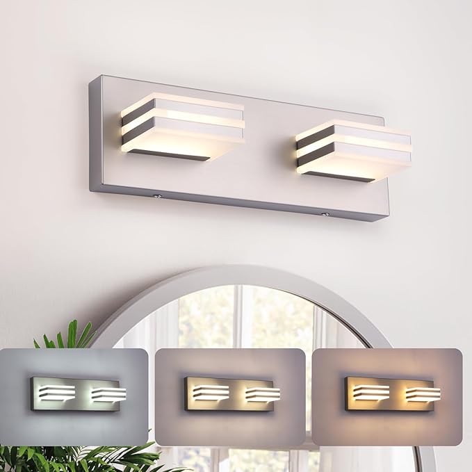 2-Light, 12.6-Inch Wall Lights Brushed Nickel Vanity Lights for Bathroom Light Fixtures Adjust 3 Colors Modern Bath Lighing Fixture Over Mirror