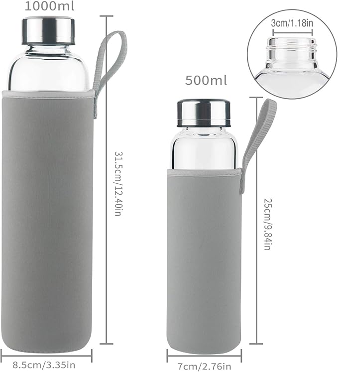 Borosilicate Glass Water Bottle, Sports Glass Drinking Bottle with Neoprene Sleeve and Stainless Steel Lid 16oz / 32oz (16oz, Tree Branches)