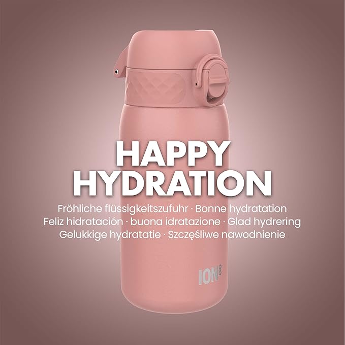 Ion8 Kids Water Bottle, Steel 400 ml/13 oz, Leak Proof, Easy to Open, Secure Lock, Dishwasher Safe, Flip Cover, Carry Handle, Easy Clean, Durable, Scratch Resistant, Carbon Neutral, Ash Rose Pink