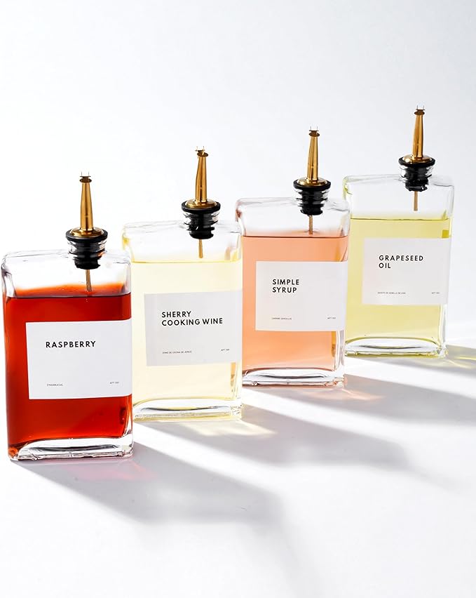 Olive Oil Dispenser for Kitchen, Cooking Oil and Vinegar Dispenser Set, Olive Oil Bottle, Soy sauce dispenser, coffee syrup bottles with stainless steel pourers - 4 pcs, Gold