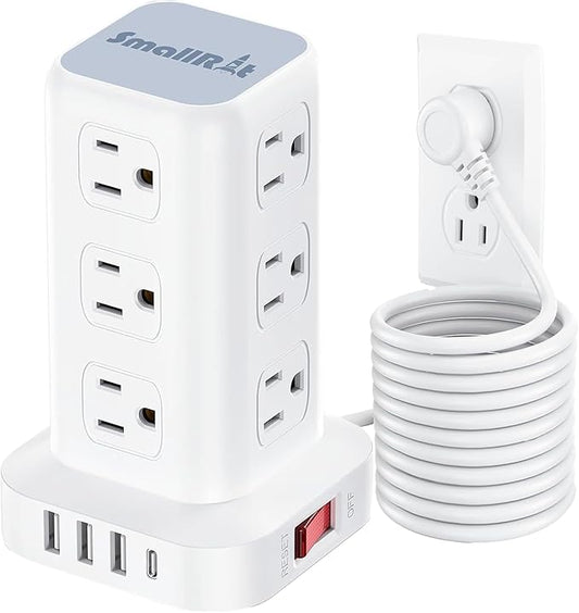 PD20W Power Strip Tower Surge Protector,16.5FT Extension Cord,Power Strip with USB 12 Outlets with 4 USB Ports (1 USB C), Flat Plug Multi Plug Outlet Extender Overload Protection for Home Office