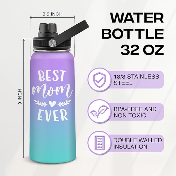 SANDJEST Best Mom Ever Water Bottle 32oz Stainless Steel Insulated Water Bottles - Gifts for Moms from Son Daughter - Mothers Gifts for Birthday Christmas