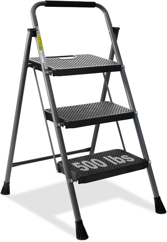 3 Step Ladder, GOLYTON Folding Step Stool with Anti-Slip Wide Pedal & Convenient Handgrip, 500lbs Capacity Steel Ladder for Household and Office, Grey