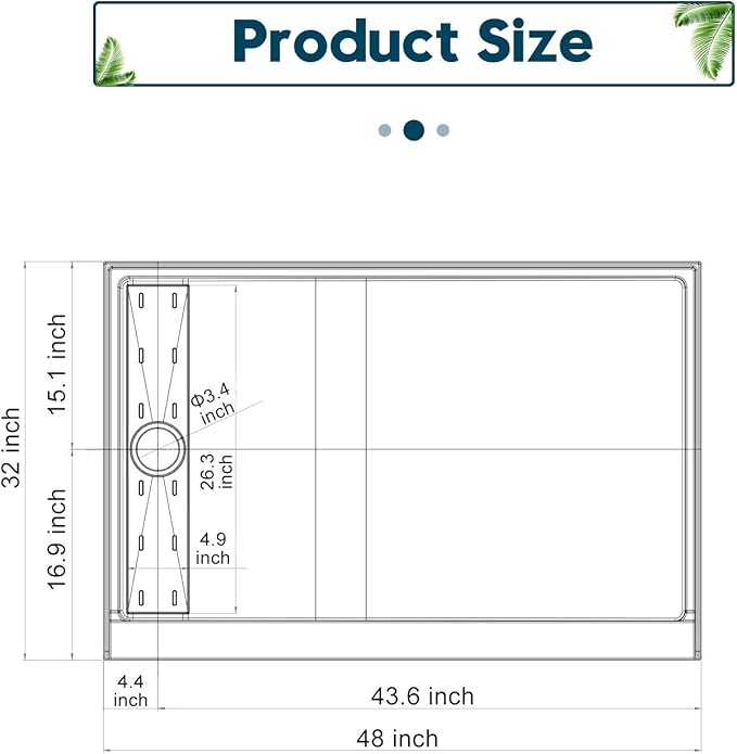 ELEGANT 48'' L x 32'' W x 4'' H Shower Base with 304 Left Trench Stainless Steel Drain Solid Surface Shower Pan White Including Drain Cover