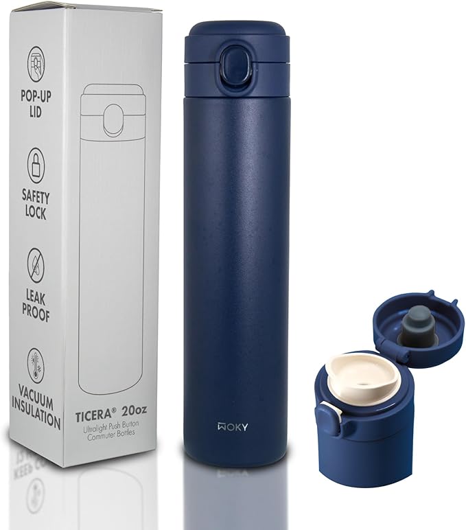 WOKY TICERA 20oz Titanium Ceramic Ultralight Push Button Commuter Bottles - Stainless Steel Vacuum Insulated Tumbler - Everyday Use (Blue)
