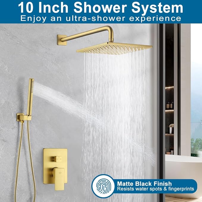 POP SANITARYWARE Shower Faucet Set Brushed Gold, 10 Inch Thickened Shower Head and Handle Set Bathroom Rain Shower System Wall Mounted Shower Fixture Include Shower Valve and Trim Kit