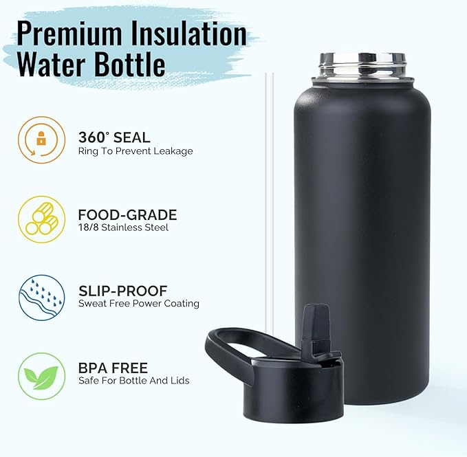 Stainless Steel Water bottle with Straw & Wide Mouth Lid, Wide Rotating Handle, 32oz Double Wall Vacuum Insulated Water Bottle Leak Proof, BPA Free, Keep Cold and Hot, 32oz, Black