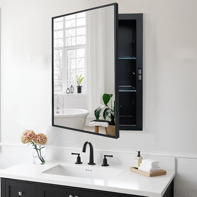 Recessed Medicine Cabinets with Mirror, Black Bathroom Mirror with Storage, Rectangle Medicine Cabinet Mirror, Farmhouse Framed Wall Mirror Recessed or Surface Mount, 16x20 Inch