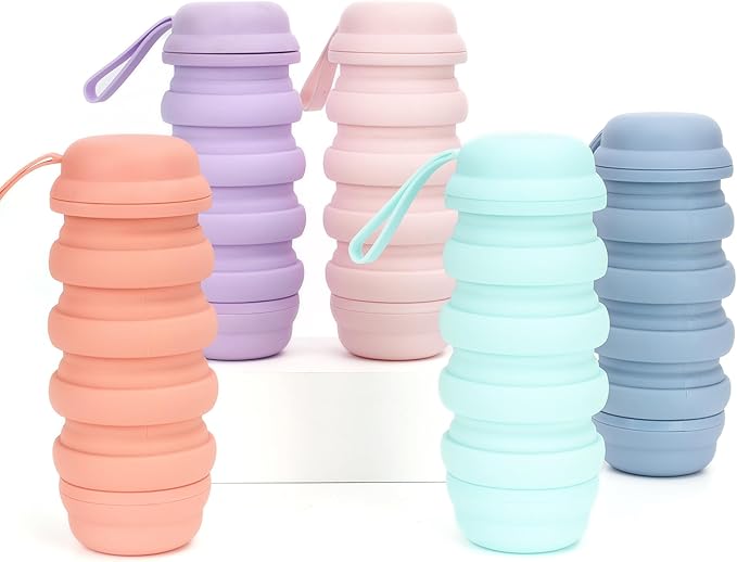 Collapsible Water Bottle, Reusable Water Bottle, 16 oz Water Bottle, Travel Sports, Pill Storage, Silicone Water Bottle, Lunch Bottle, BPA Free, Vitamin Storage. (Pink)