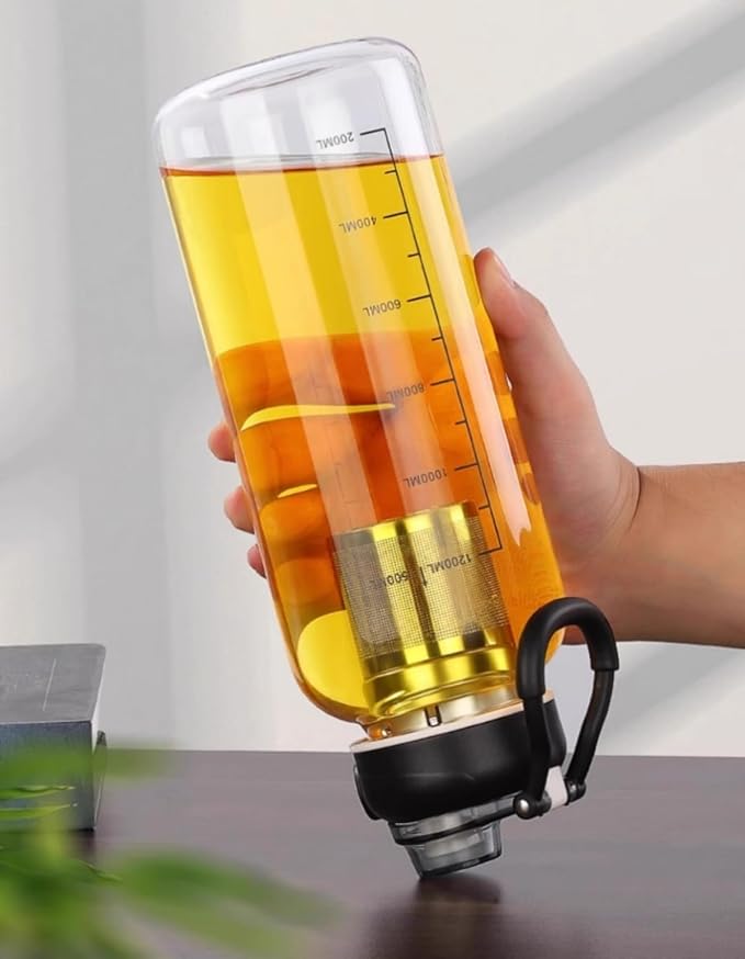 Glass Tea Tumbler with Infuser - 1500ML Large Glass Water Bottle with Sleeve,Glass Tea Infuser Bottle with Lock Lid and Direct Drink Spout,Reusable Sports Water Bottle for Gym Home Outdoor, Leakproof