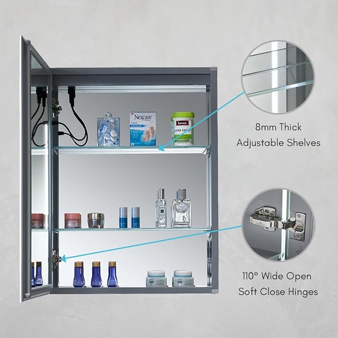 Blossom LED Lighted Medicine Cabinet Mirror for Bathroom 20x26 Inch - Left Hinge Recessed/Surface Mount - LED Mirror Cabinet with Lights - Defogger/3 Color Dimmer - Perfect Makeup Vanity