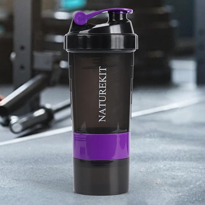 Shaker Bottle,Protein Shaker with Powder Storage Container 18oz, Leak Proof ，Gym Bottle Portable Pre Workout for Mix & Drink Shakes & Smoothies,Dishwasher Safe,Purple