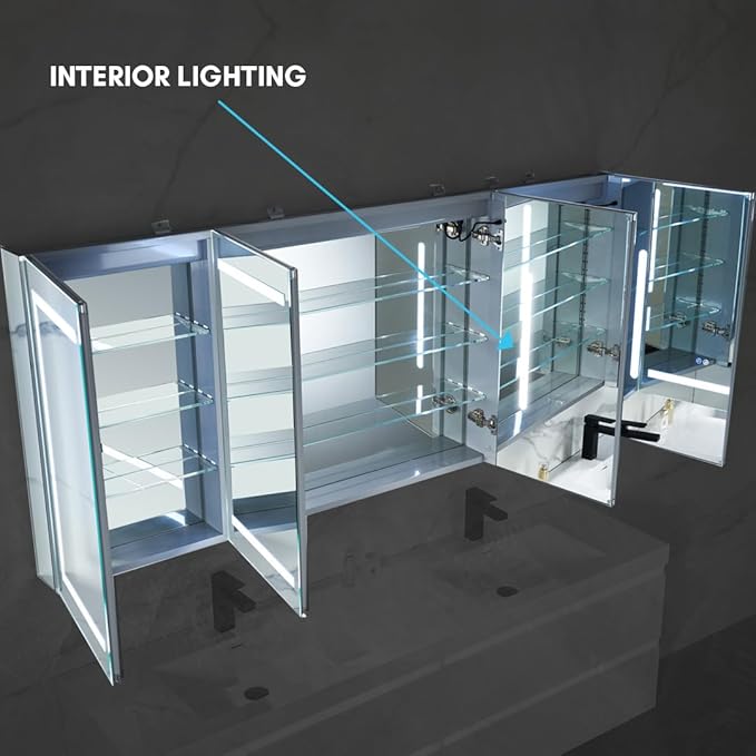 Blossom 72-Inch LED Lighted Mirror Medicine Cabinet for Bathroom, Surface or Recessed Mount Bathroom Cabinet, One Touch Built-in Defogger, Dimmer, Makeup Mirror, 3 Adjustable Glass Shelves