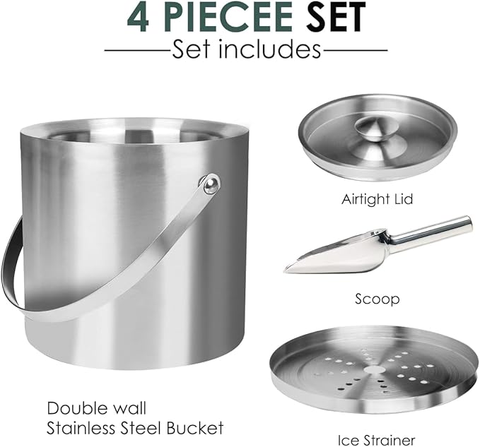 3L Double-Wall Insulated Stainless Steel Ice Bucket with scoop for Cocktail Bar - Metal Ice Bucket for freezer with Lid for parties, Camping,and More!champagne bucket,bar cart accessories (silver)