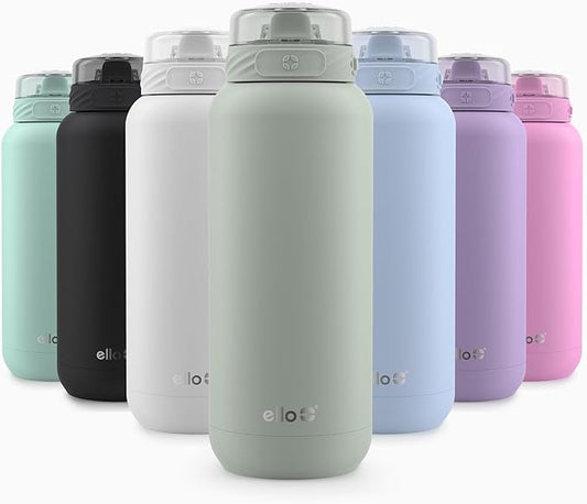 Ello Cooper 40oz Stainless Steel Water Bottle with Straw and Carry Handle, Double Walled and Vacuum Insulated Metal, Leak Proof Locking Lid with Soft Silicone Spout, Reusable, BPA Free, Sage