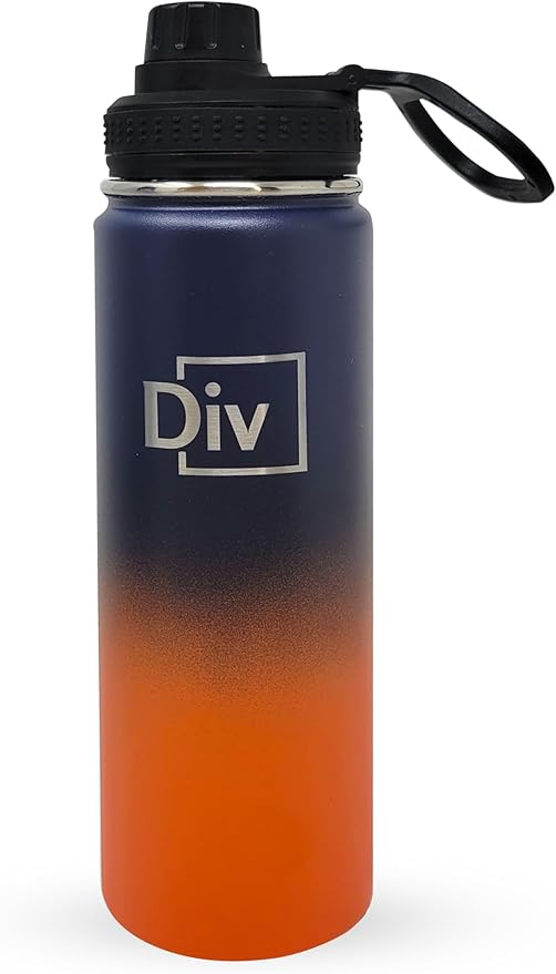 Sports Water Bottle - 22 oz., 3 lids, Stainless Steel Gym & Sports Water Bottle, Leak Proof, Double Walled, Insualted, Thermos Flask (Blue-Orange)