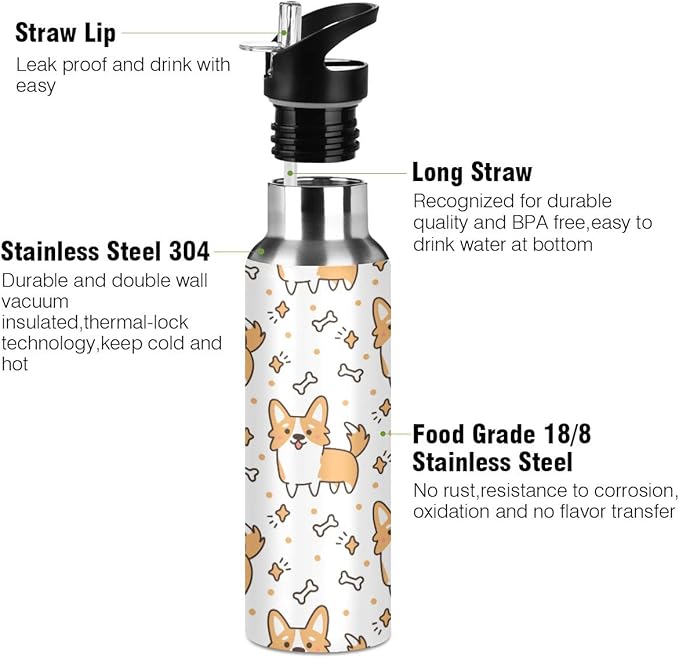 Cute Welsh Corgi Stainless Steel Water Bottle with Straw, BPA Free Reusable Leakproof Water Jug for Fitness Camping Outdoor Sports