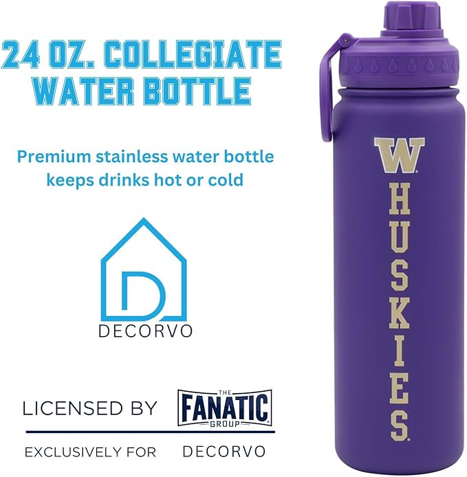 Washington Huskies Water Bottle - Purple Double Walled Stainless Steel 24 oz Keeps Drinks Cold or Hot