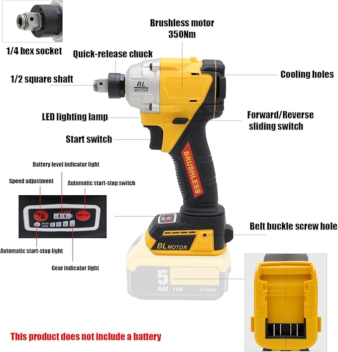 FSYAO 1/2 350Nm dual-purpose cordless impact wrench, 1/4 impact driver, brushless wrench driver. (body only, no battery included)