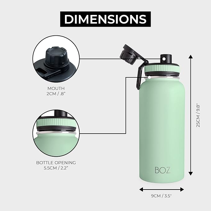 BOZ Stainless Steel Water Bottle - Vaccum Insulated Water Bottle 32 Oz - Wide Mouth BPA Free Sport Water Bottle for Gym with Spout Lid - Thermal Hot & Cold 1 Litre Green Water Bottle