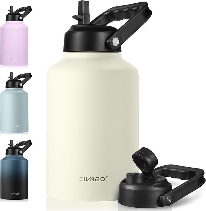 CIVAGO Gallon Insulated Water Bottle Jug with Straw, 128 oz Large Stainless Steel Sports Metal Water Canteen with Handle, Big Thermal Water Cup Mug with 2 Lids for Camping & Fishing, Cream