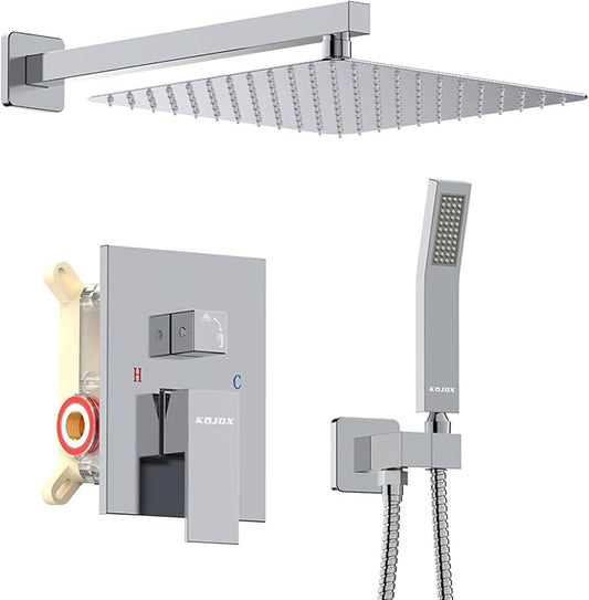 KOJOX Shower System with High Pressure 10 Inch Rainfall Shower Head, Handheld Shower head and Shower Faucet Trim, Rain Mixer Shower Set Wall Mounted Chrome（Valve Include）