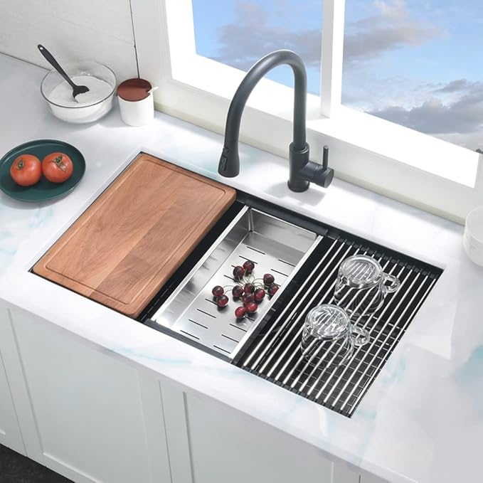 27 inch Undermount Kitchen Sink Workstation 16 Gauge Black Stainless Steel Kitchen Sink Single Bowl Deep Basin