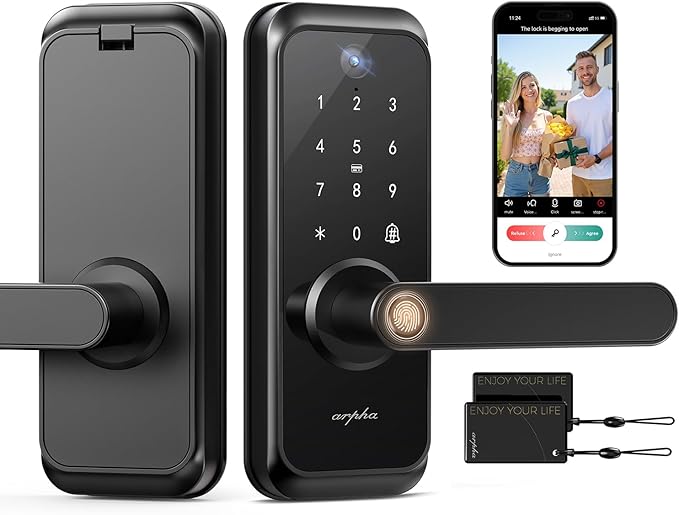 WiFi Video Smart Lock with Camera & Handle - 6-in-1 Keyless Entry (Fingerprint/App/Keypad/FOB/Key), Electric Deadbolt Door Knob for Front, Built-in WiFi, 2-Way Audio, Auto-Lock, Waterproof - Black