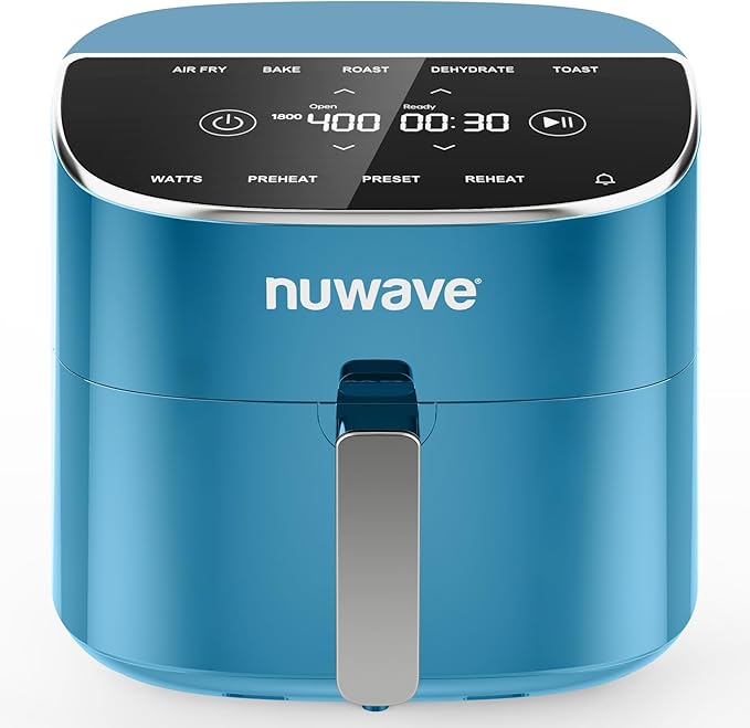 Nuwave Brio Plus 8 Qt Air Fryer, PFAS Free, New & Improved, Digital Touch Screen, Cool White Display, 50°F~400°F in Precise 5°, 5 Cook Functions, 100 Presets & 50 Memory, 3 Wattages 700, 1500, 1800