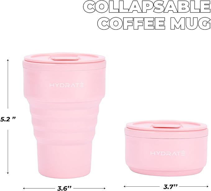 HYDRATE Collapsible Cups for Traveling - Coffee Mug - 400ml Reusable Cup with Lid for Camping, and On-the-Go Adventures - Portable Silicone Coffee Mug for Hot Drinks - Easy to Clean - Pink