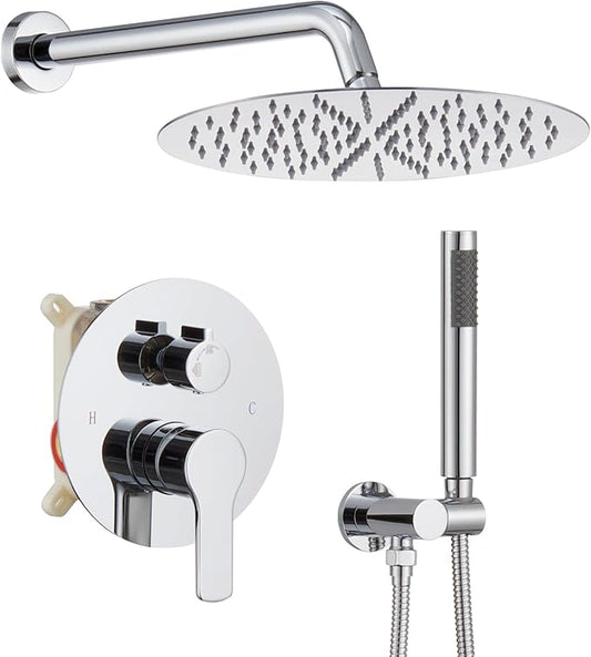 Iriber Chrome Shower System Wall Mounted Shower Faucet Mixer Set with 12 Inches Round Rain Shower head and Handheld, Bathroom Rainfall Polished Chrome Shower Trim Kit Contain Valve