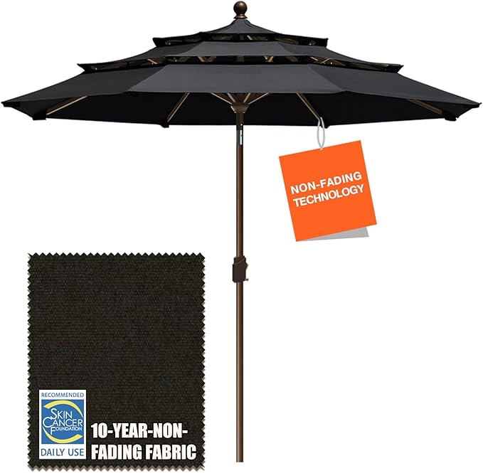 EliteShade USA 10-Year-Non-Fading 9Ft 3 Tiers Market Umbrella Patio Umbrella Outdoor Table Umbrella with Ventilation, Black